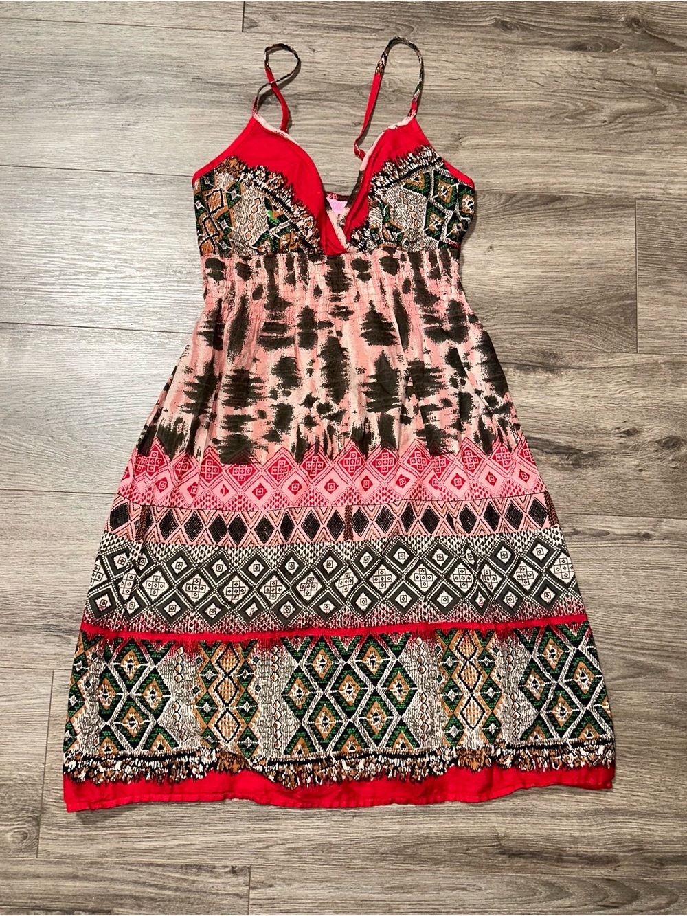 Summer Dress Red and Pink Multi-Print Midi Boho Dress Small V-neck